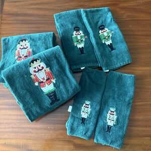 Vintage Saturday Knight Nutcracker Christmas Towel Set 6 Pc Hunter Green Cotton